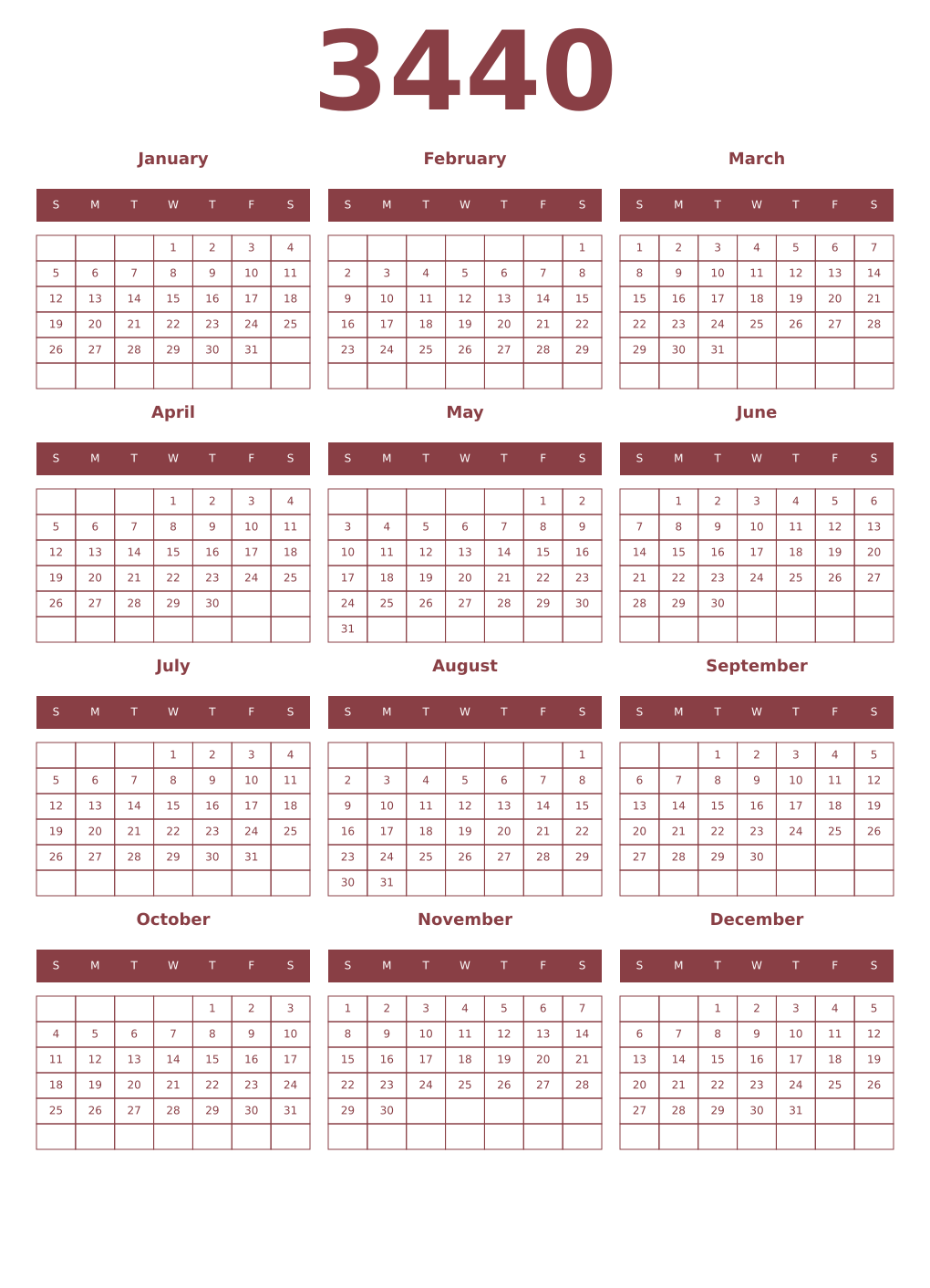 Printable 3440 Year Calendars cordovan