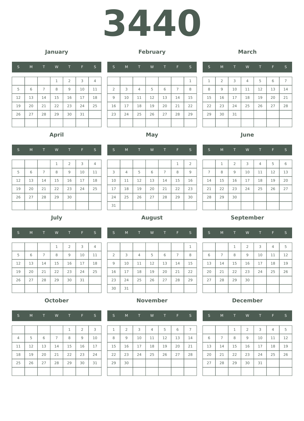 Printable 3440 Year Calendars feldgrau
