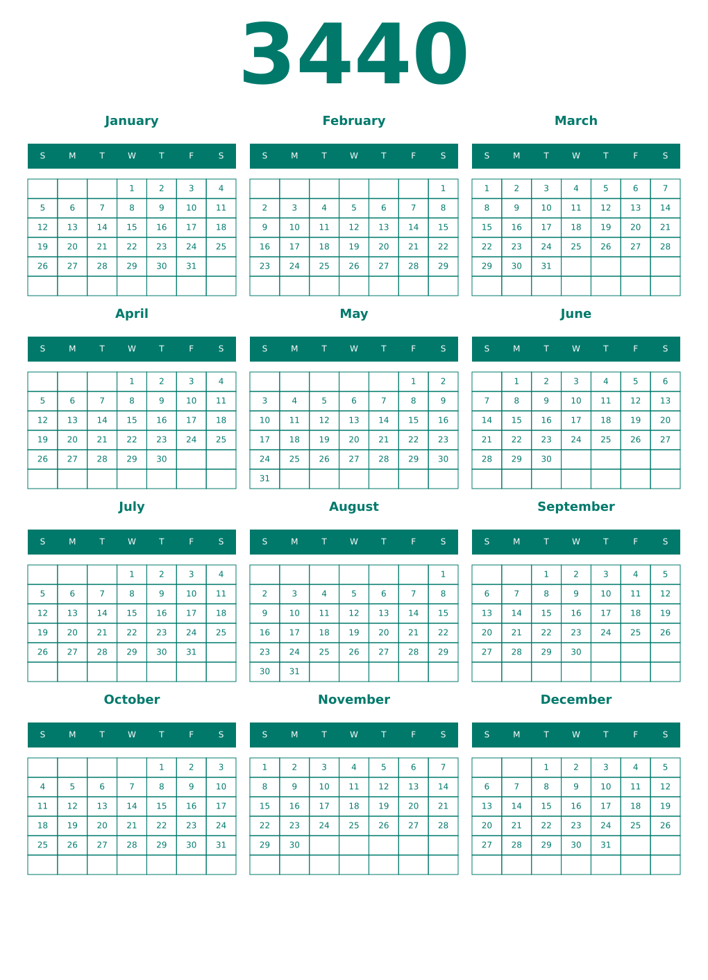 Printable 3440 Year Calendars pastel