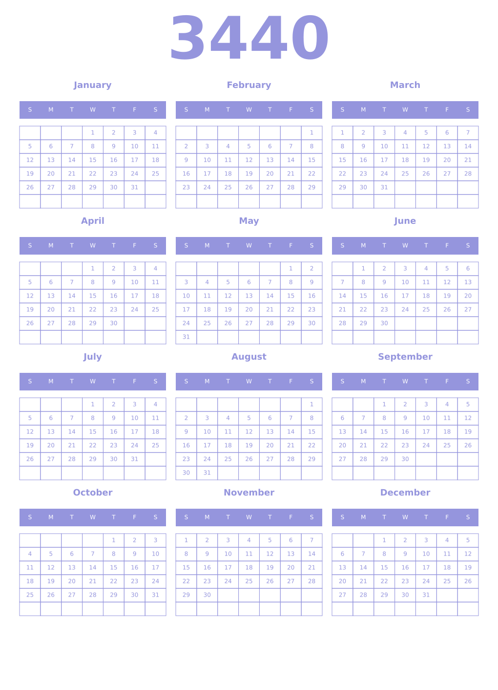 Printable 3440 Year Calendars periwinkle