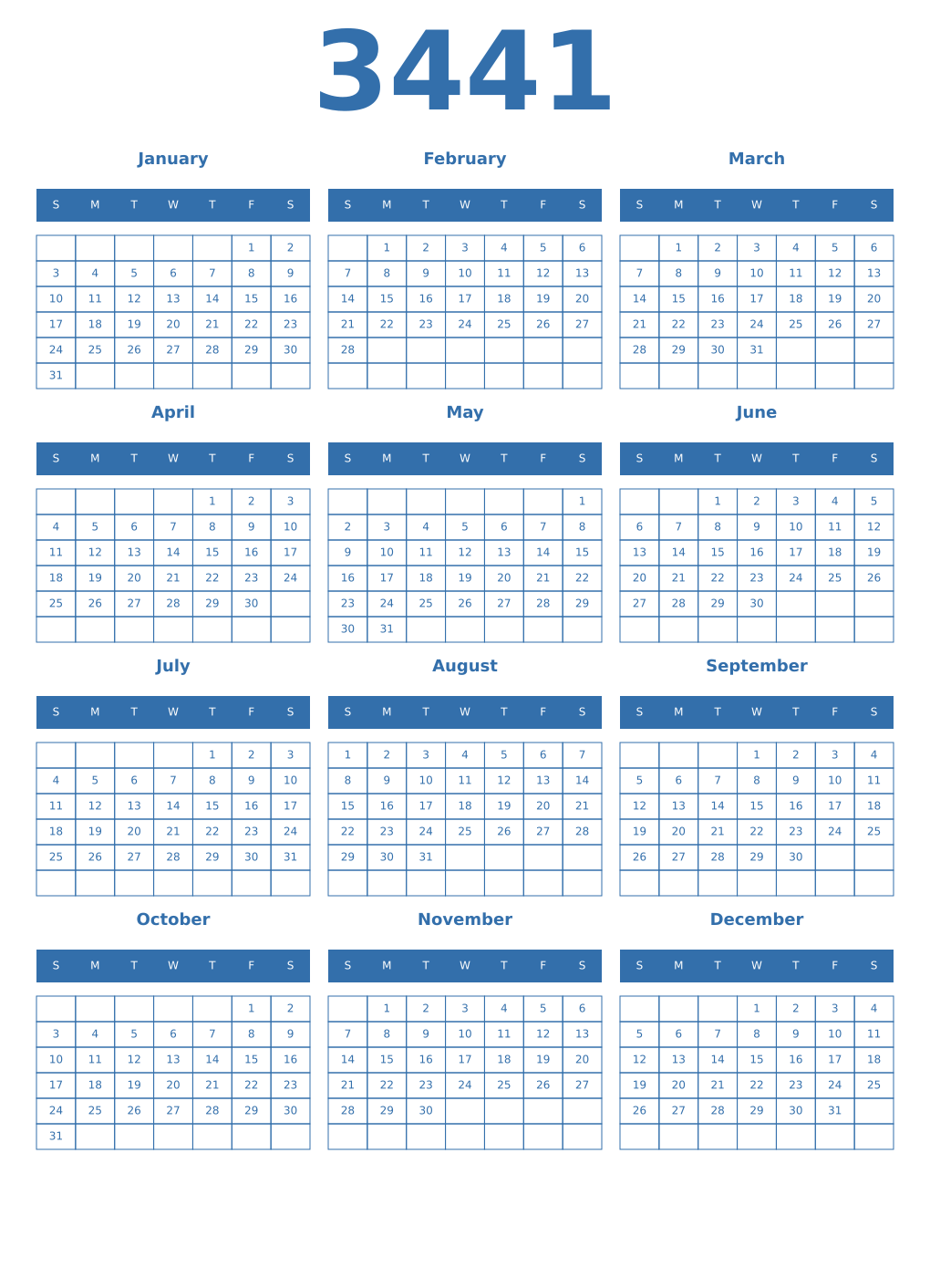 Printable 3441 Year Calendars blue
