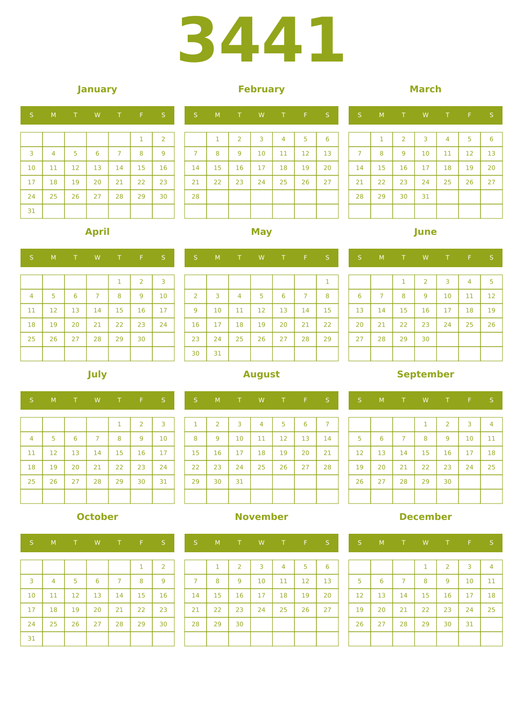 Printable 3441 Year Calendars chartreuse