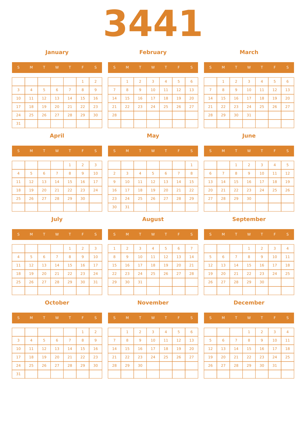 Printable 3441 Year Calendars orange