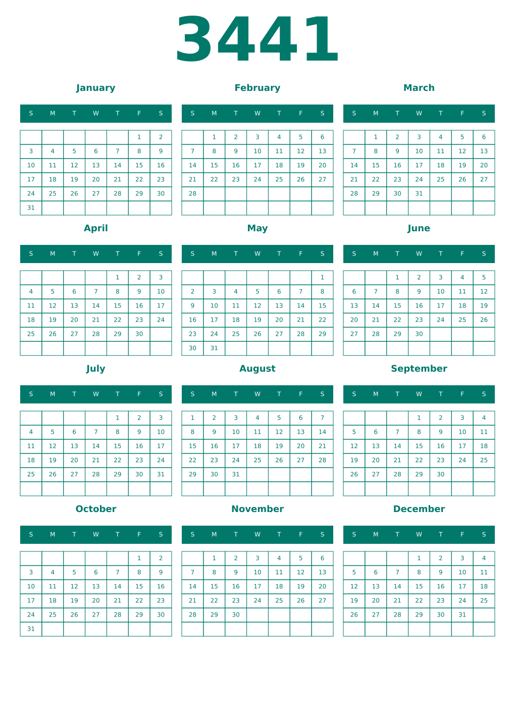 Printable 3441 Year Calendars pastel