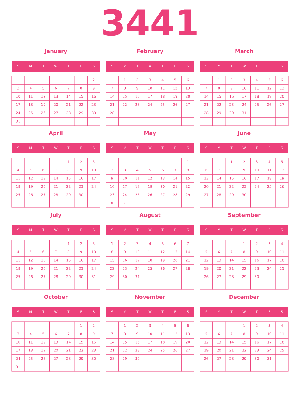 Printable 3441 Year Calendars pink