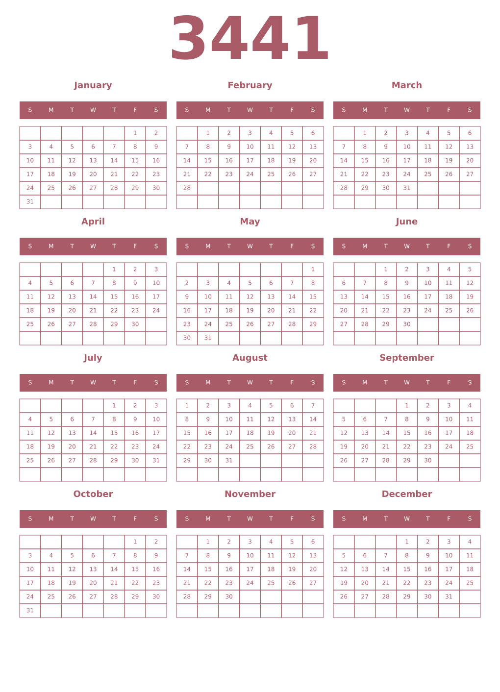 Printable 3441 Year Calendars puce