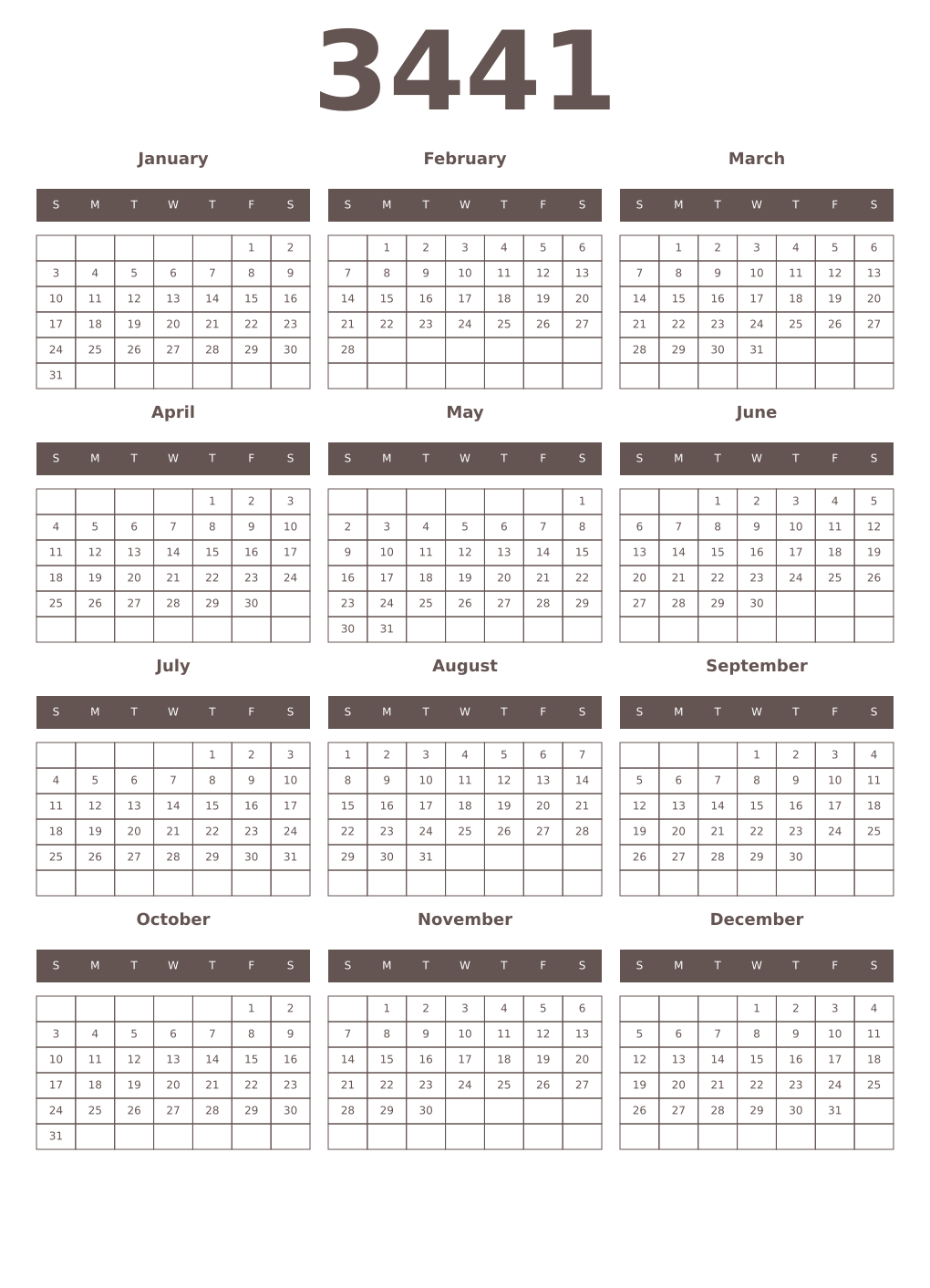 Printable 3441 Year Calendars wenge