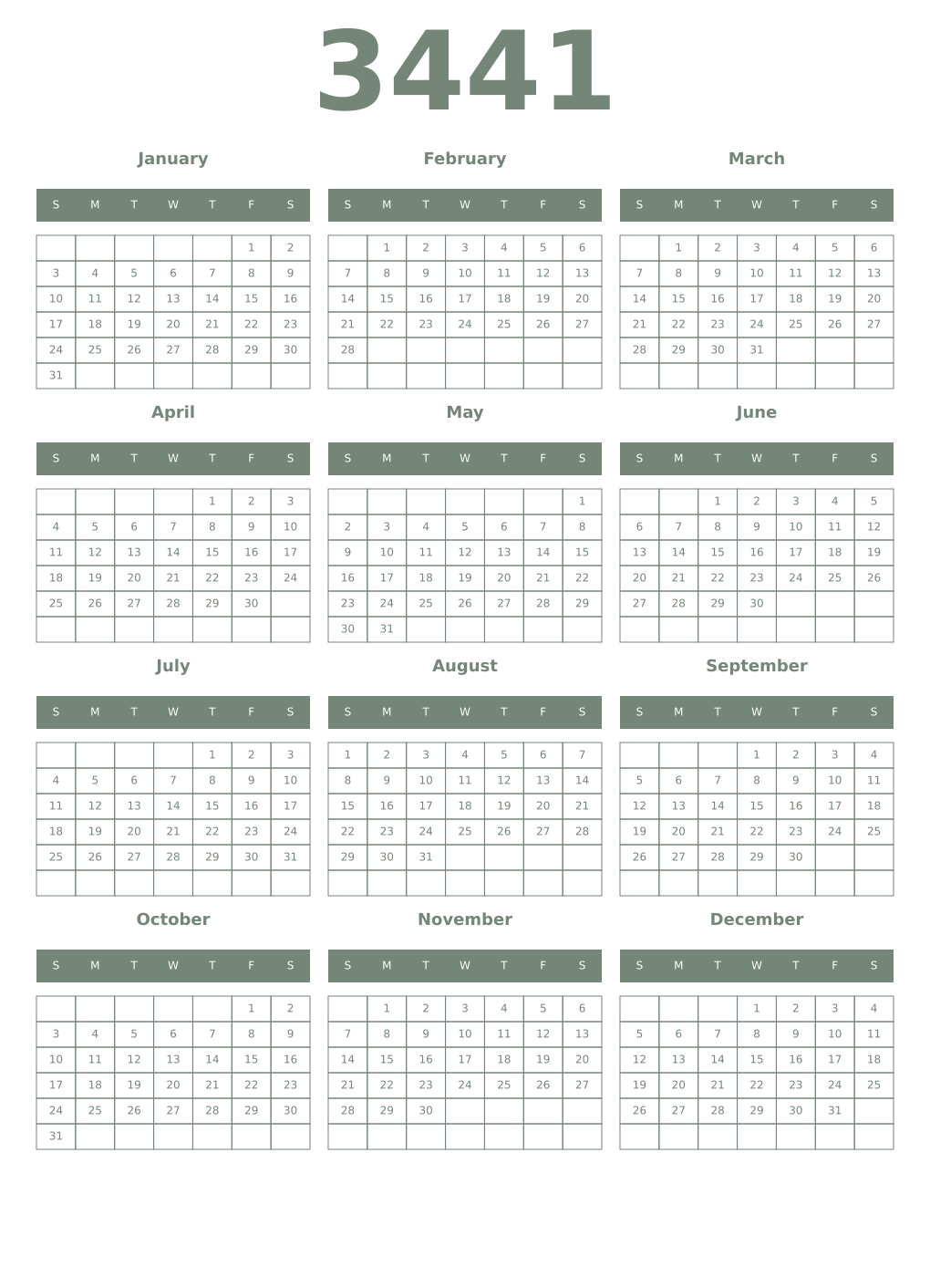 Printable 3441 Year Calendars xanadu