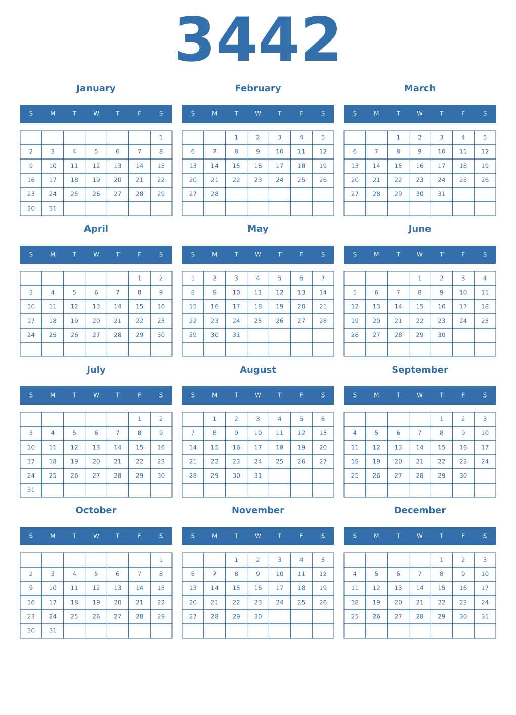 Printable 3442 Year Calendars blue