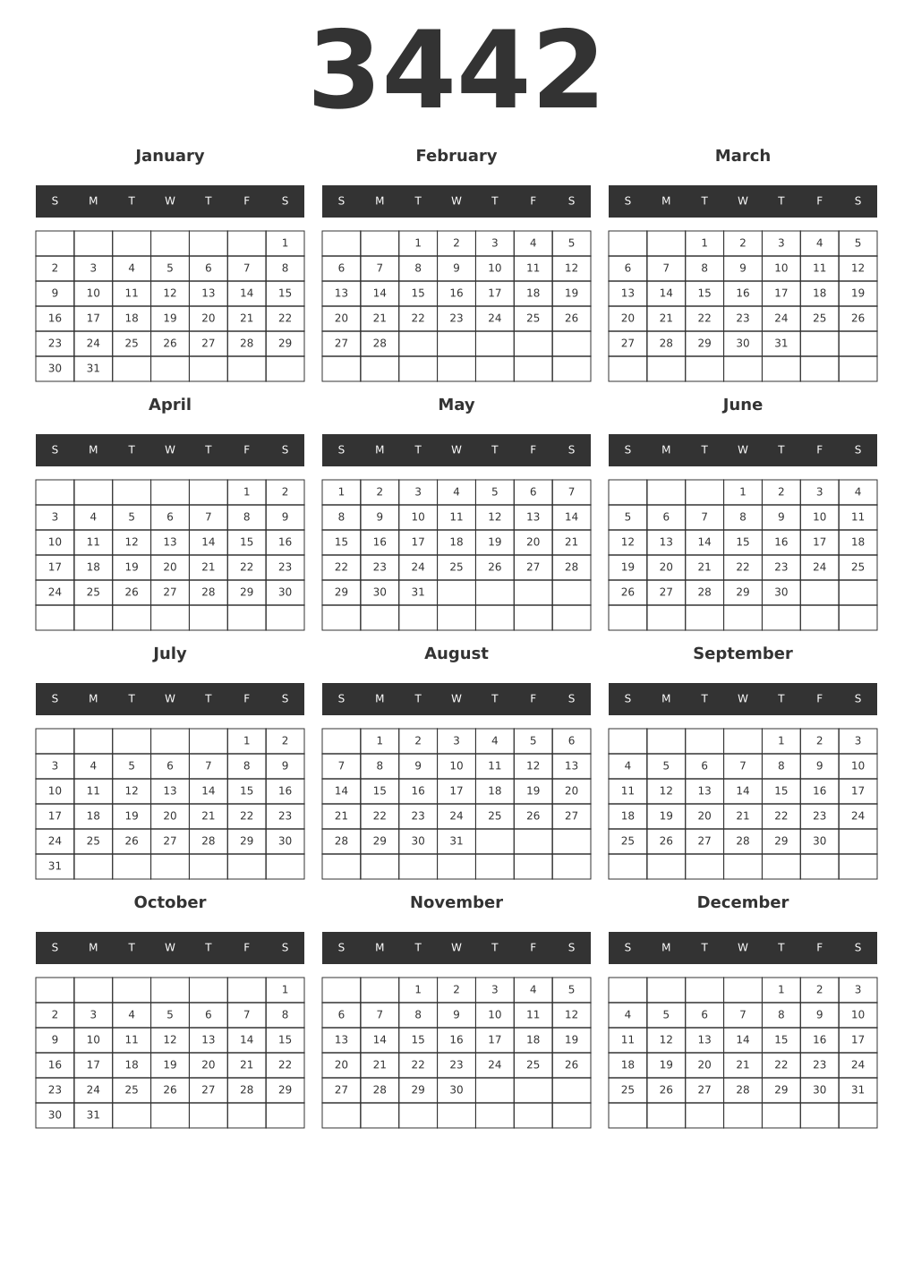 Printable 3442 Year Calendars dark