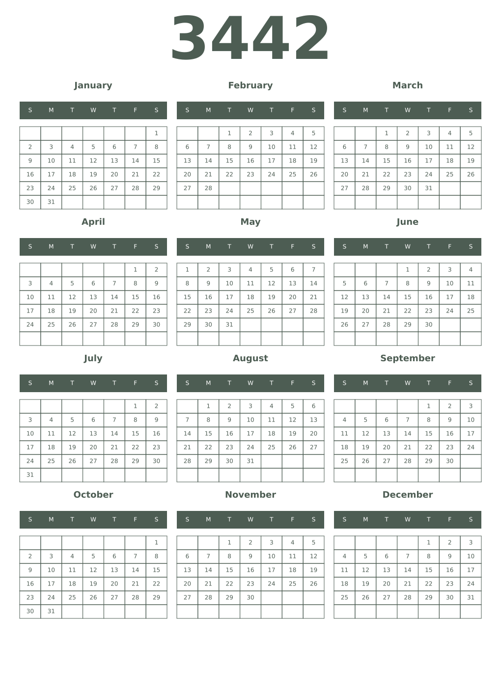 Printable 3442 Year Calendars feldgrau