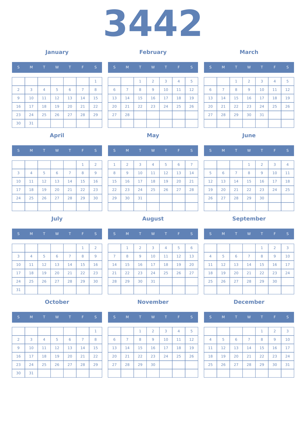 Printable 3442 Year Calendars glaucous