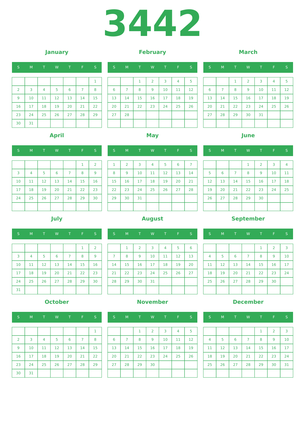 Printable 3442 Year Calendars green