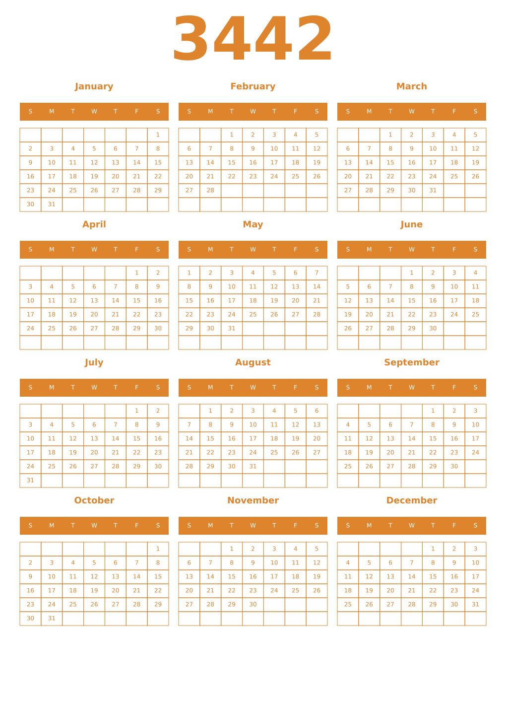 Printable 3442 Year Calendars orange