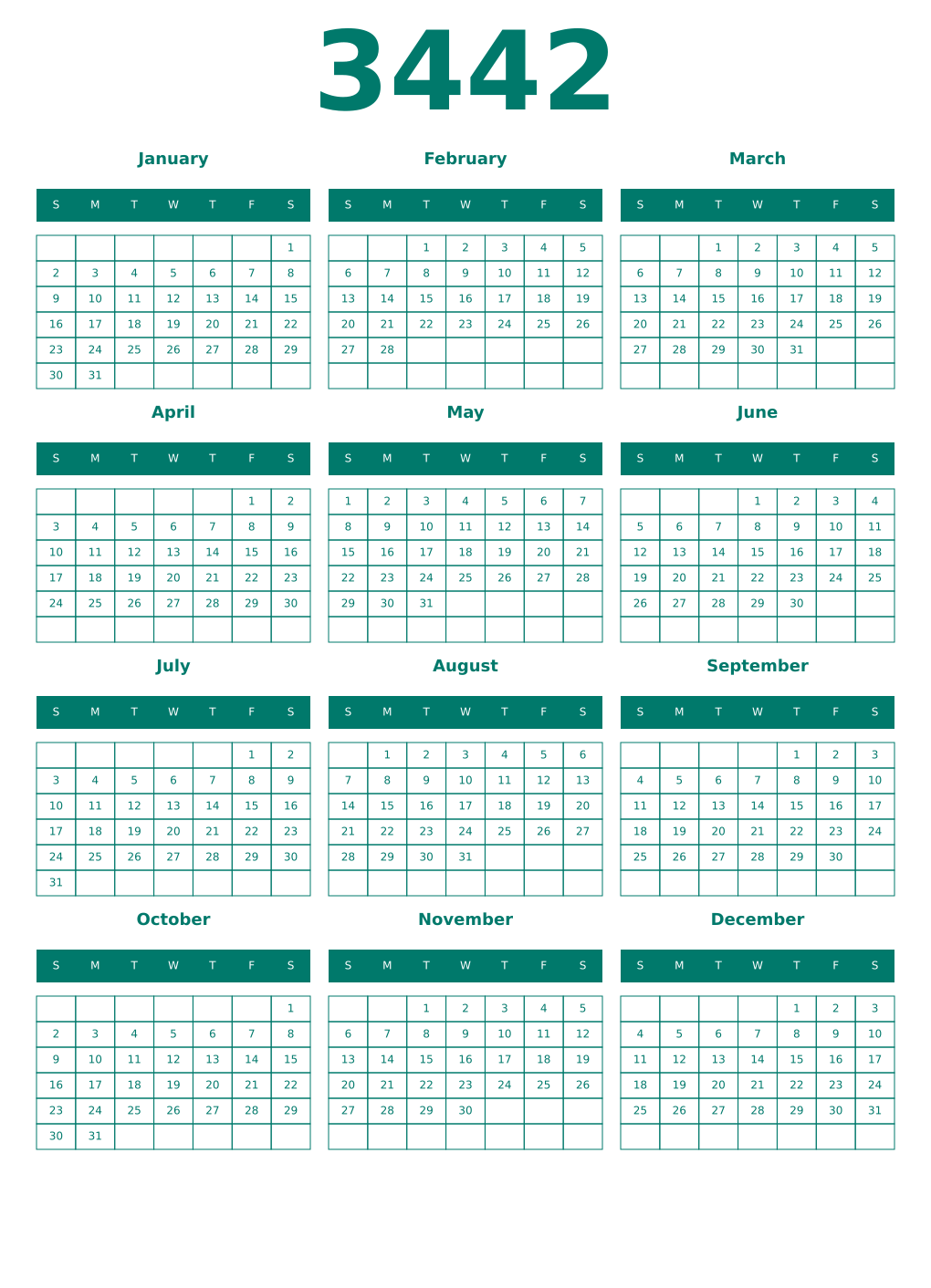 Printable 3442 Year Calendars pastel