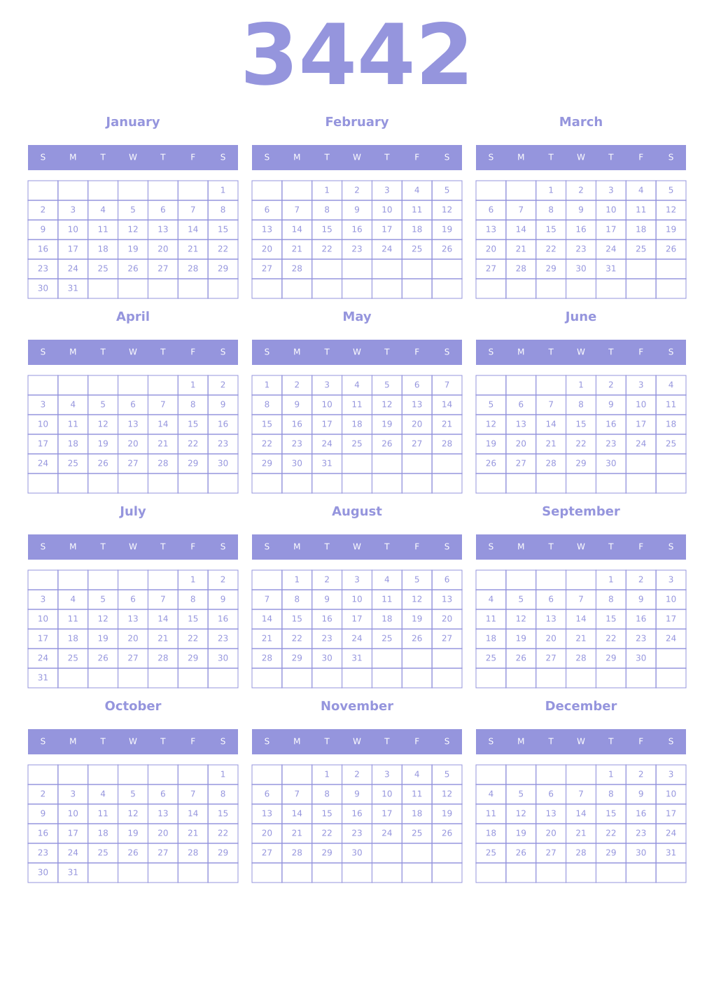 Printable 3442 Year Calendars periwinkle