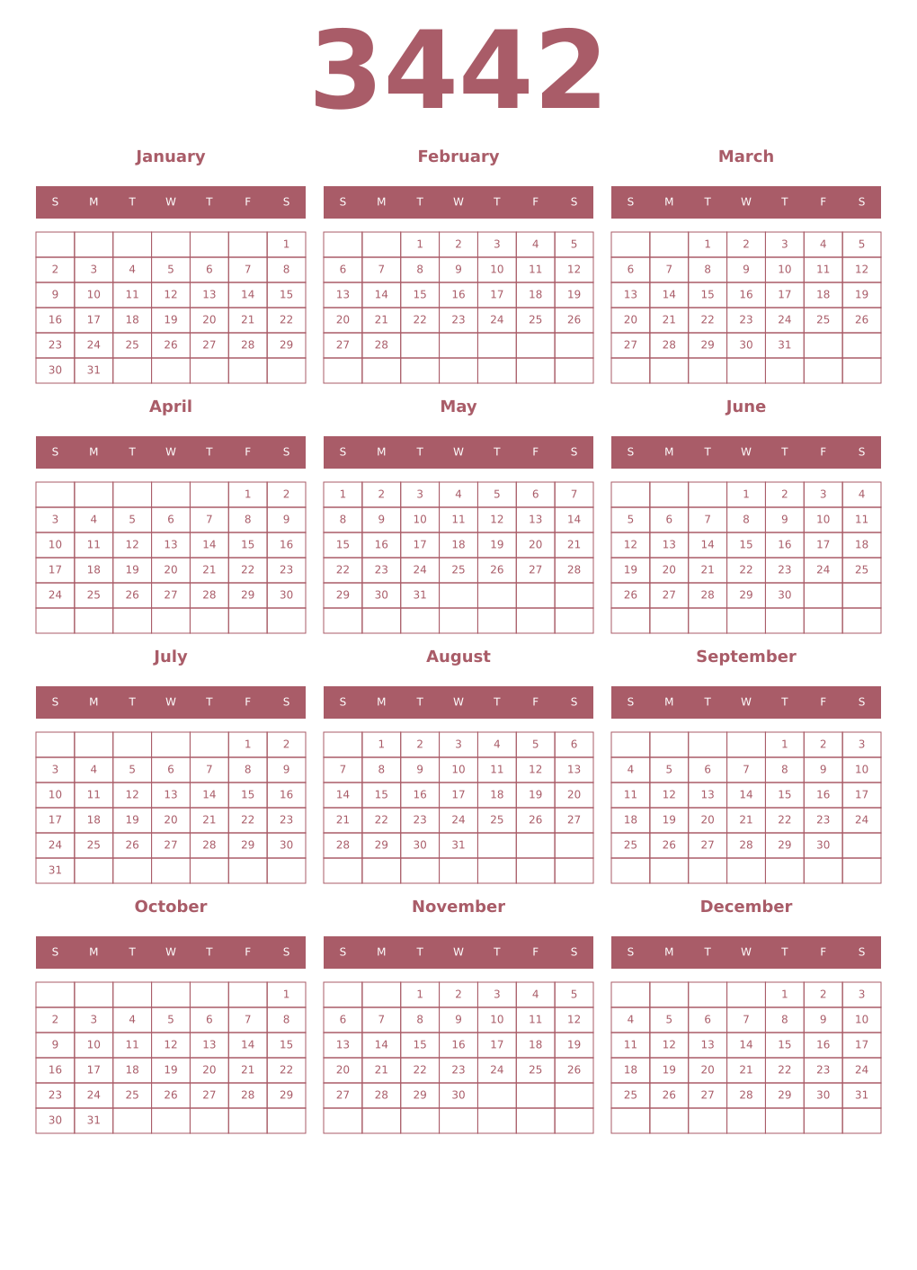 Printable 3442 Year Calendars puce