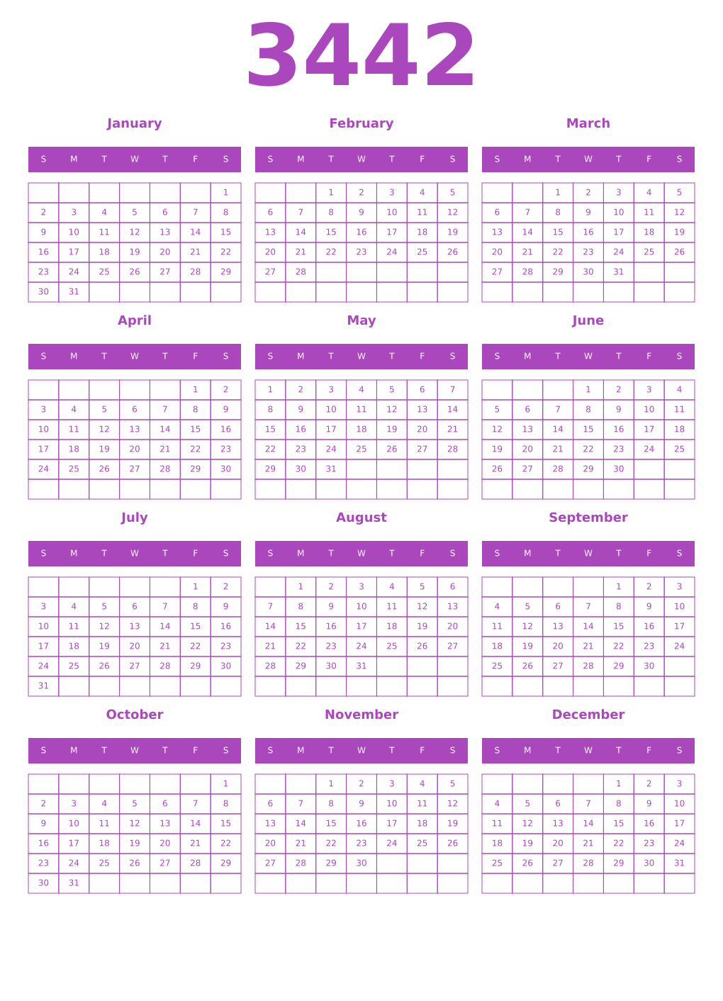 Printable 3442 Year Calendars purple