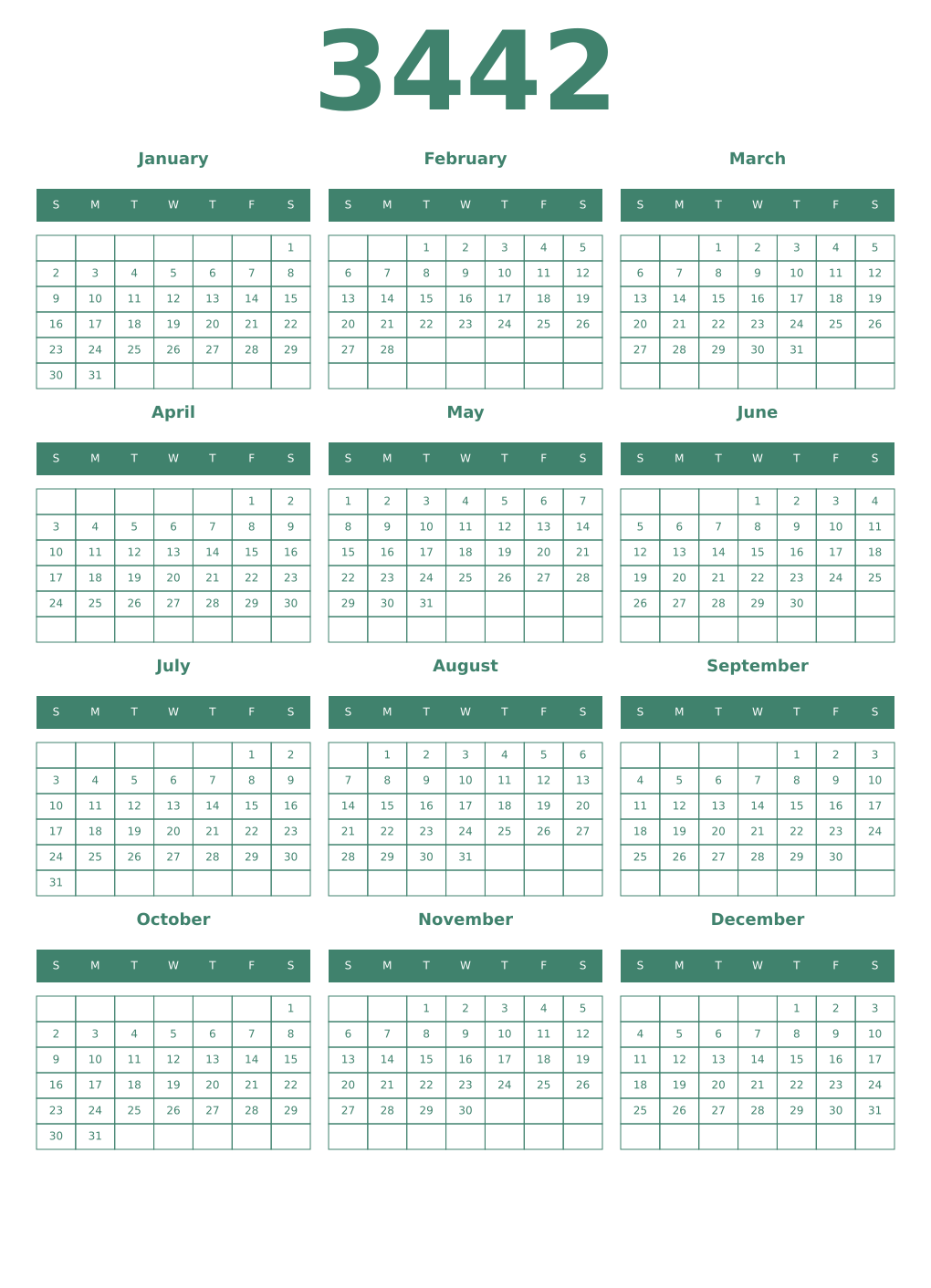 Printable 3442 Year Calendars viridian