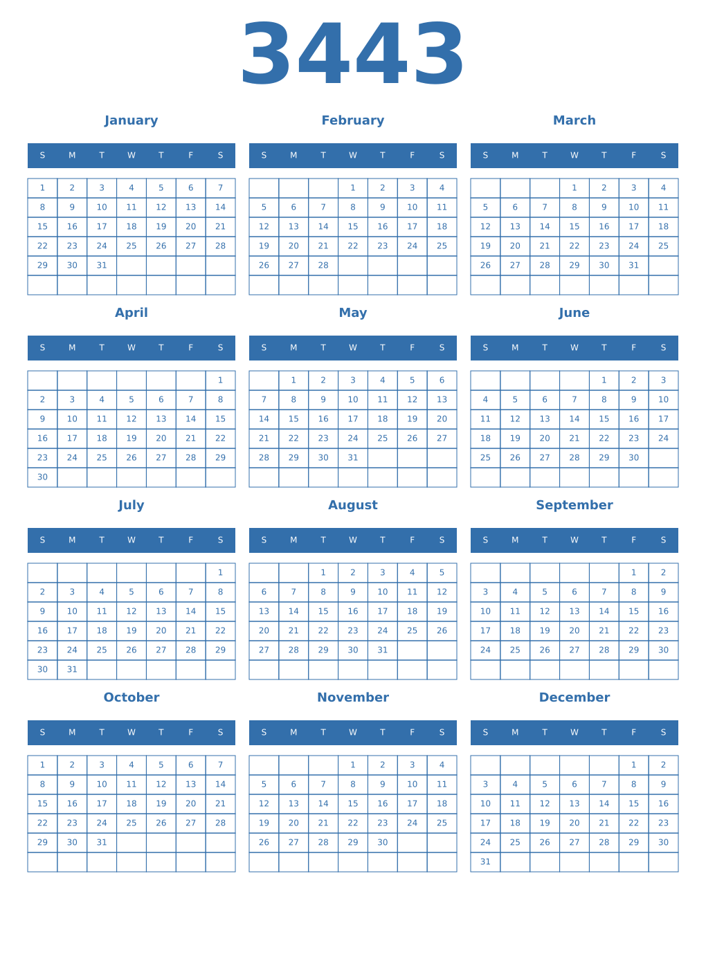 Printable 3443 Year Calendars blue