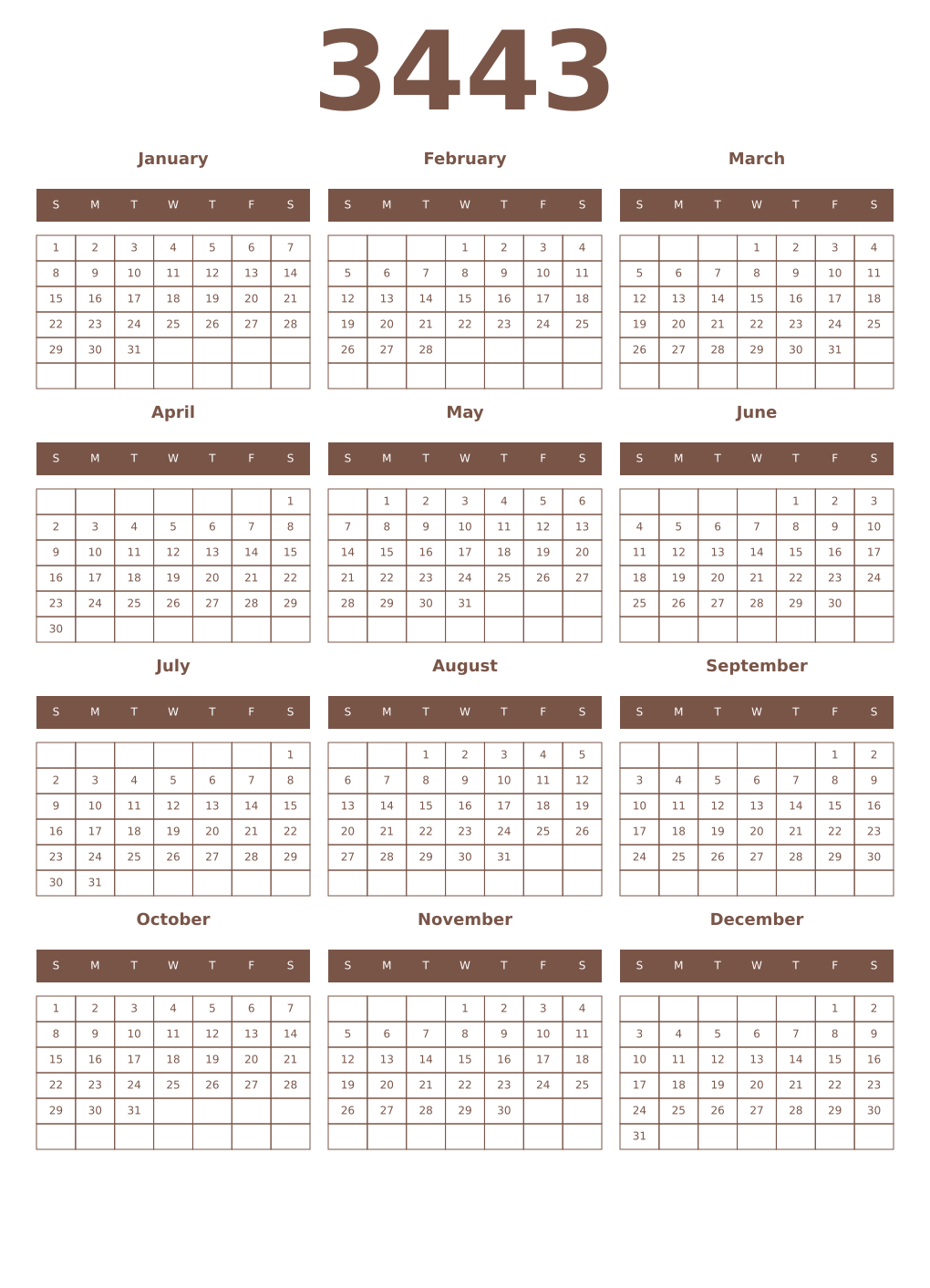 Printable 3443 Year Calendars coffe