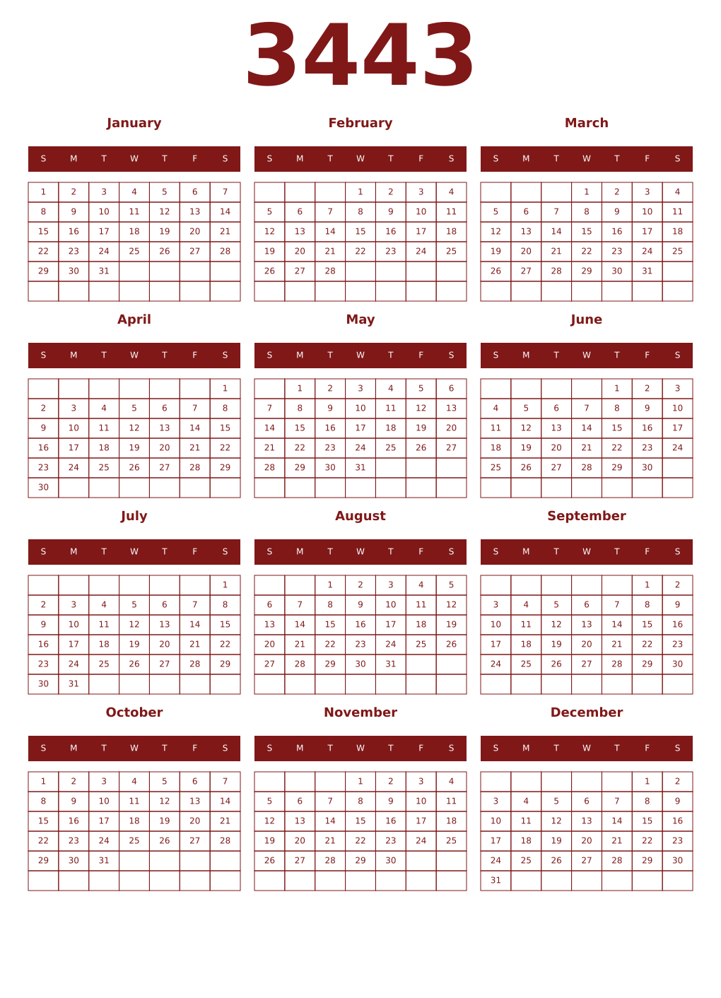 Printable 3443 Year Calendars falu