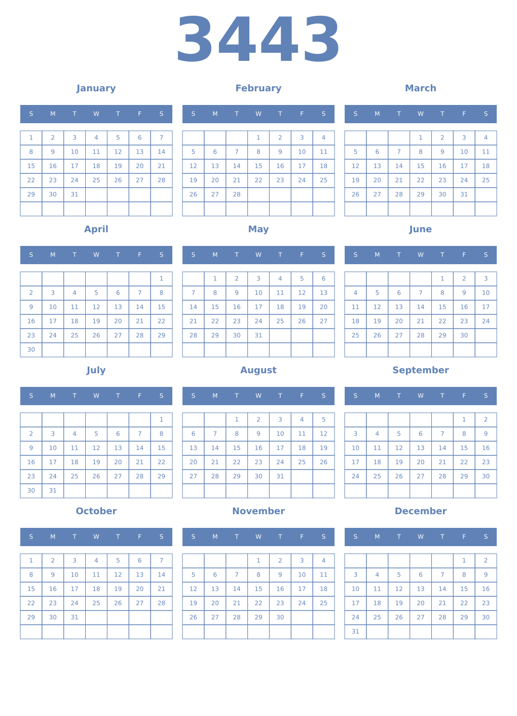 Printable 3443 Year Calendars glaucous