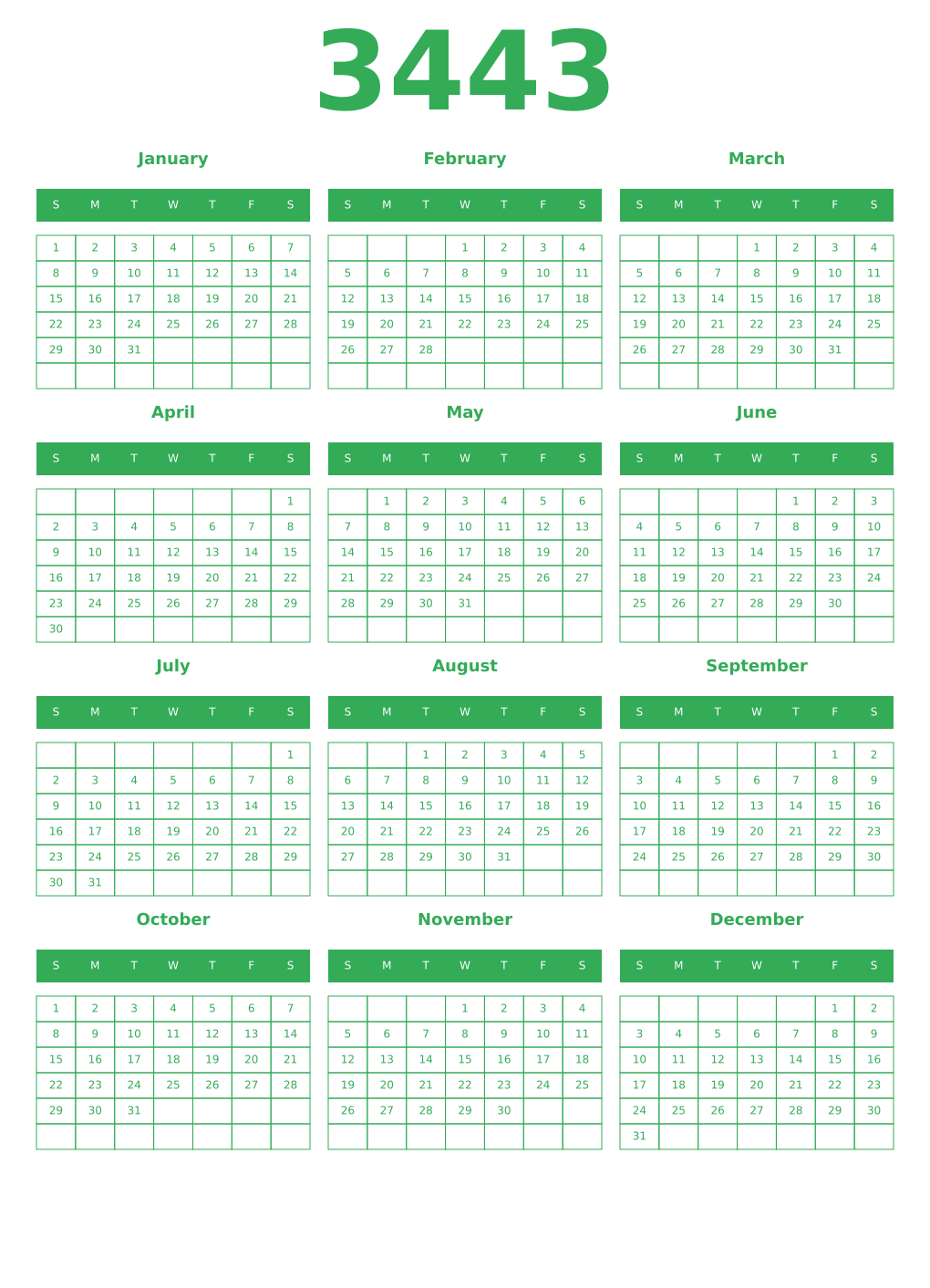 Printable 3443 Year Calendars green