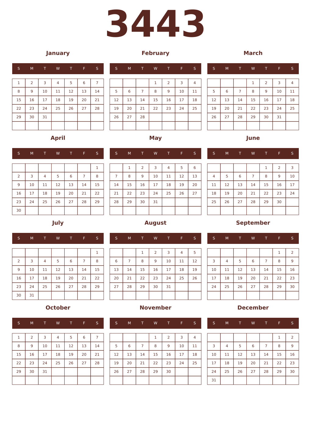 Printable 3443 Year Calendars mortuum