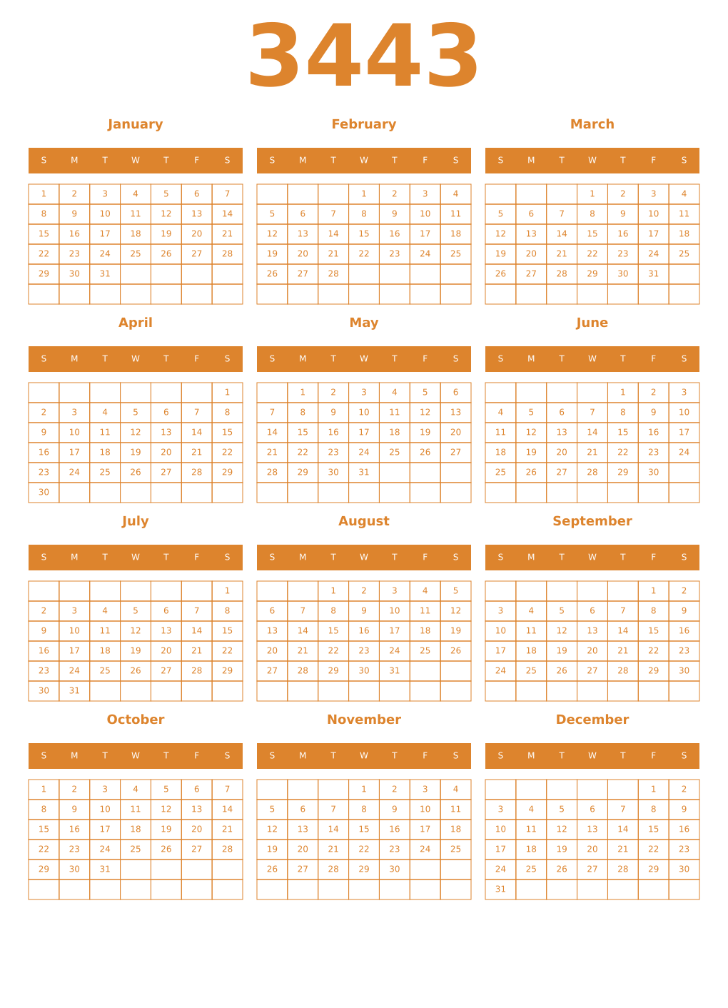 Printable 3443 Year Calendars orange