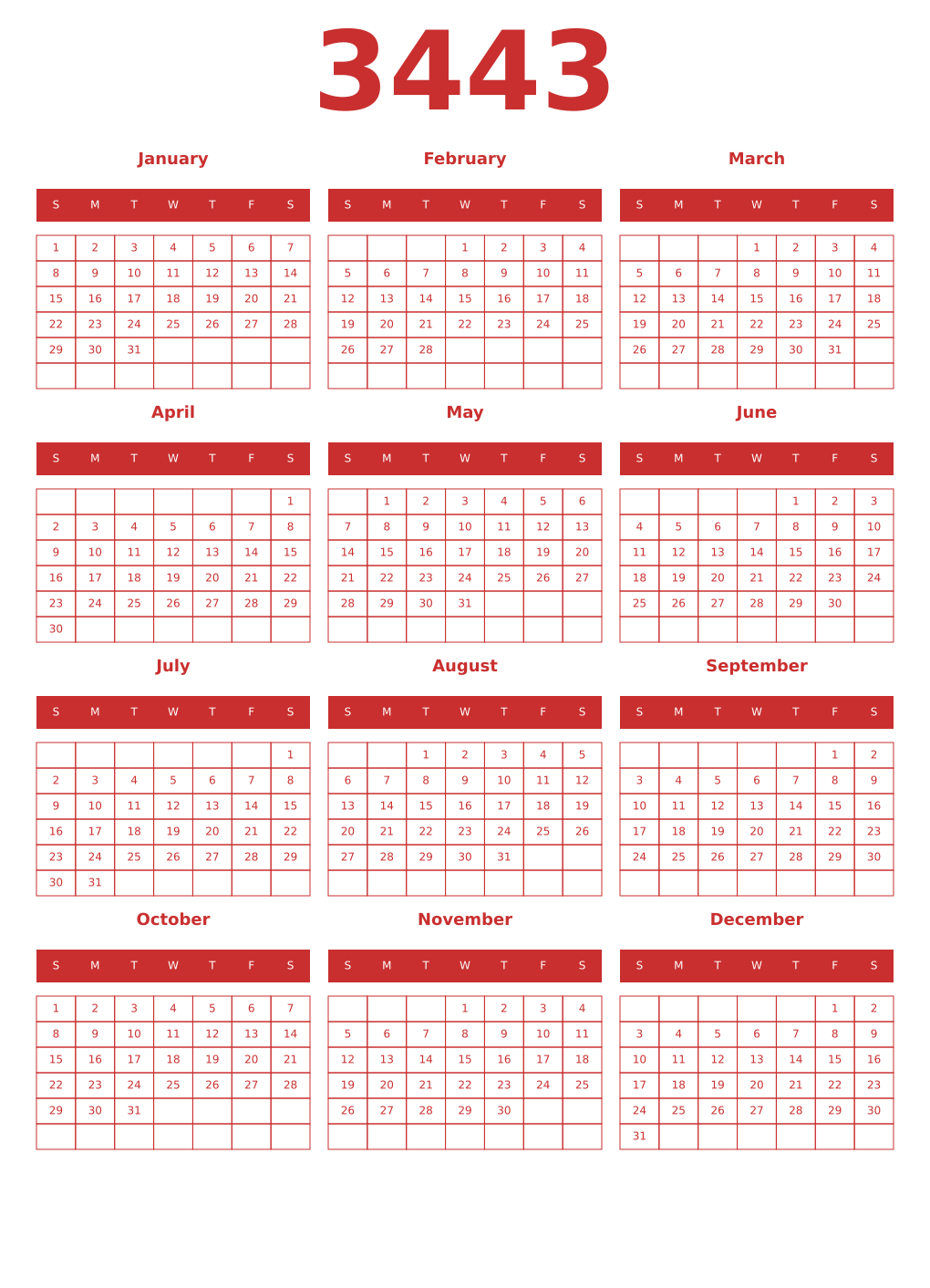 Printable 3443 Year Calendars red