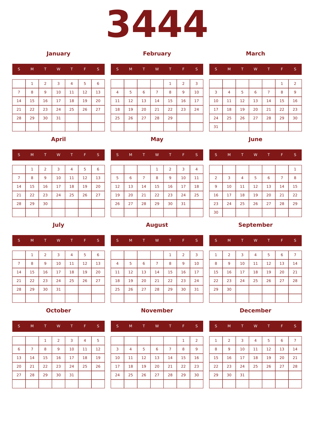 Printable 3444 Year Calendars falu