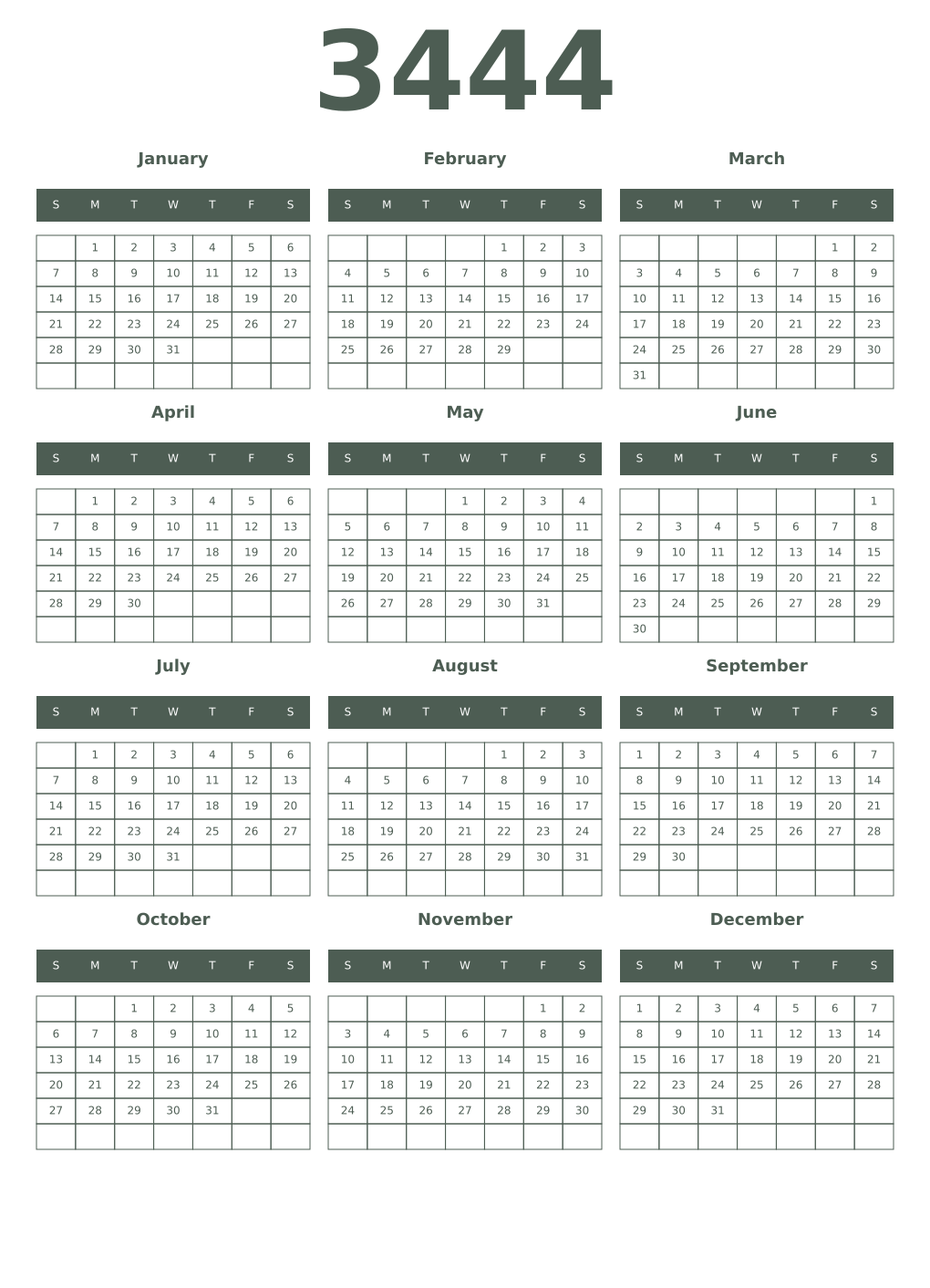 Printable 3444 Year Calendars feldgrau