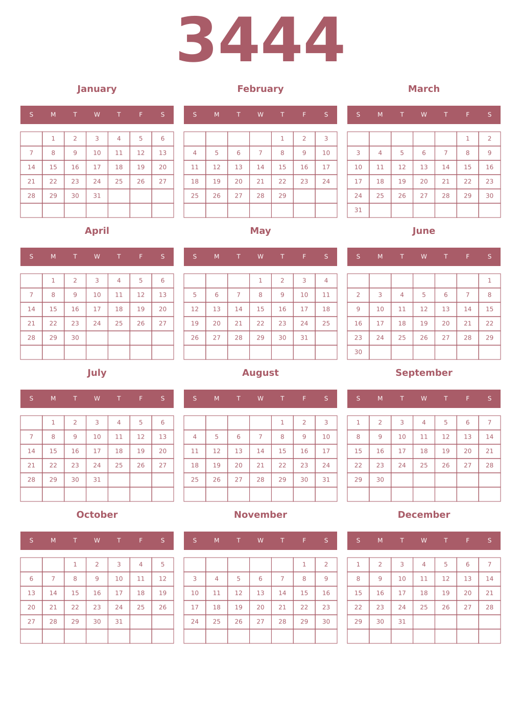 Printable 3444 Year Calendars puce