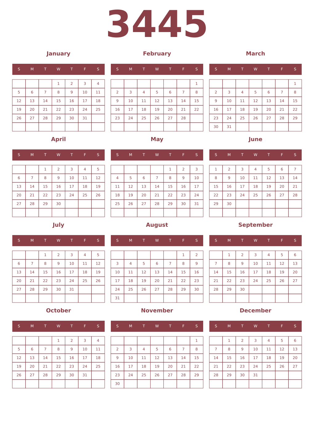 Printable 3445 Year Calendars cordovan