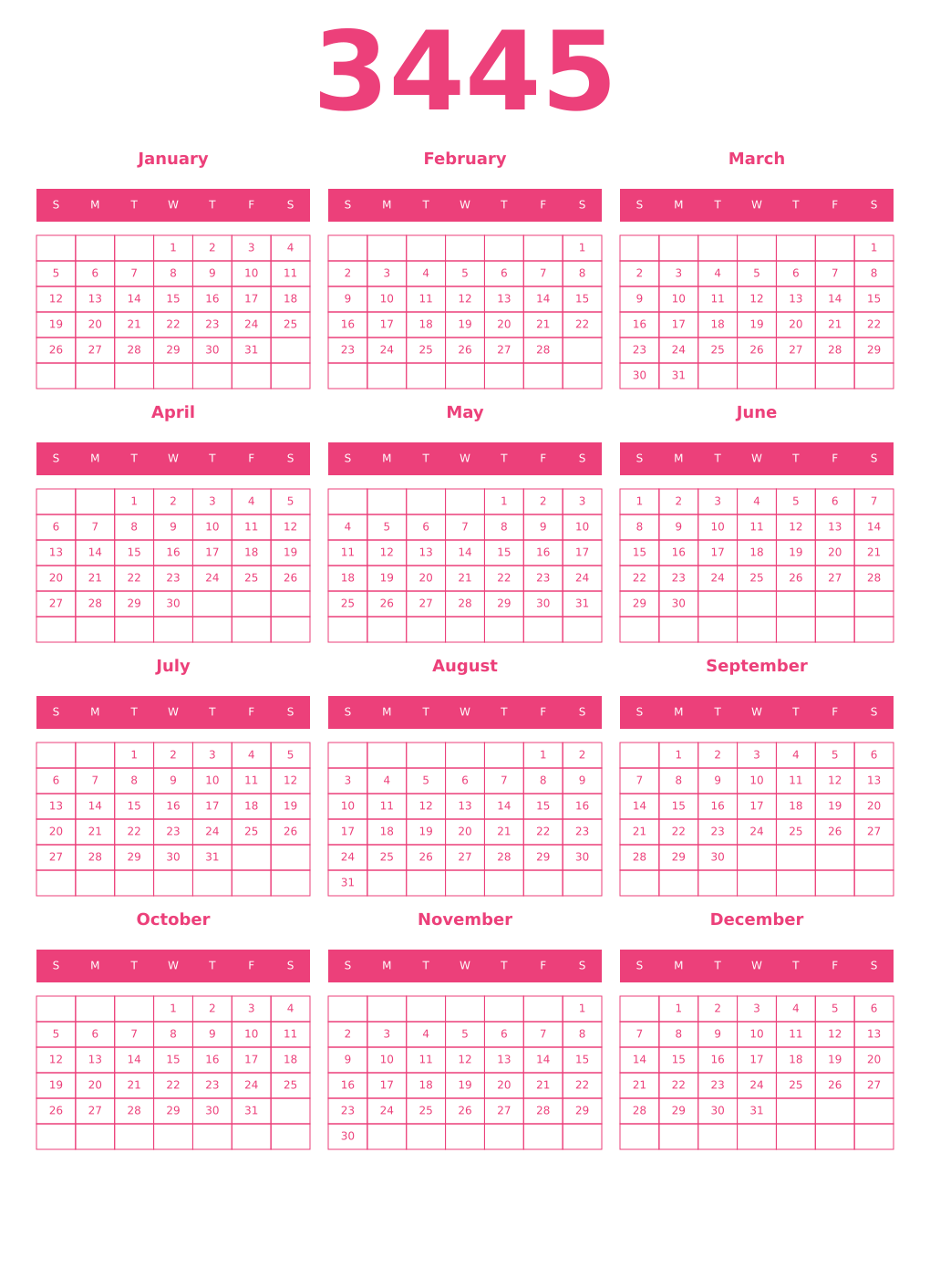 Printable 3445 Year Calendars pink