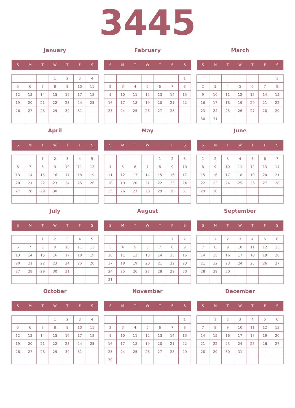 Printable 3445 Year Calendars puce