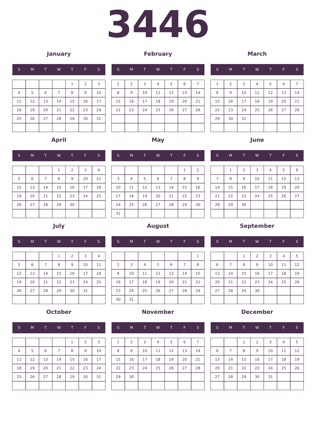Printable 3446 Year Calendars aubergine