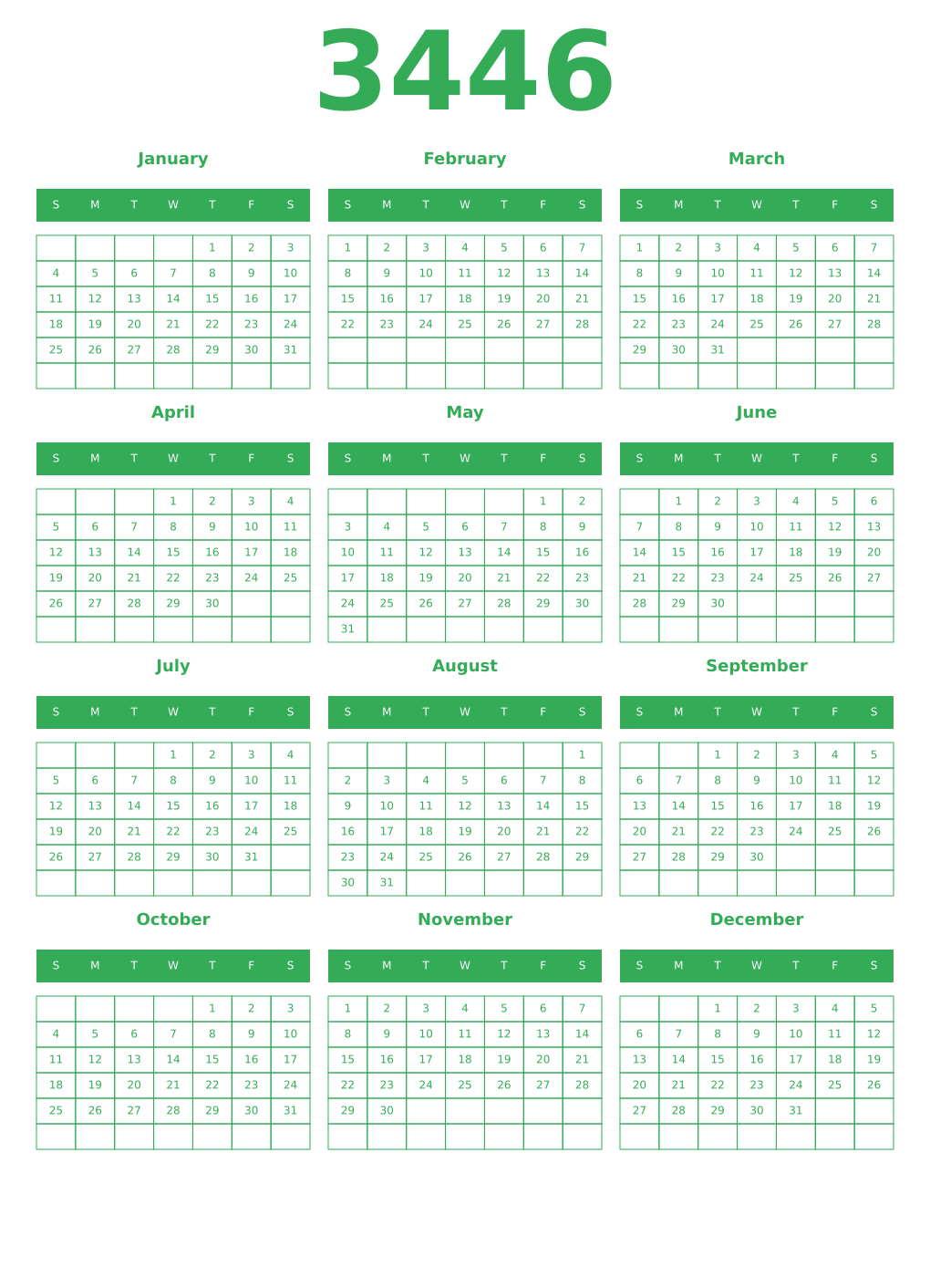 Printable 3446 Year Calendars green