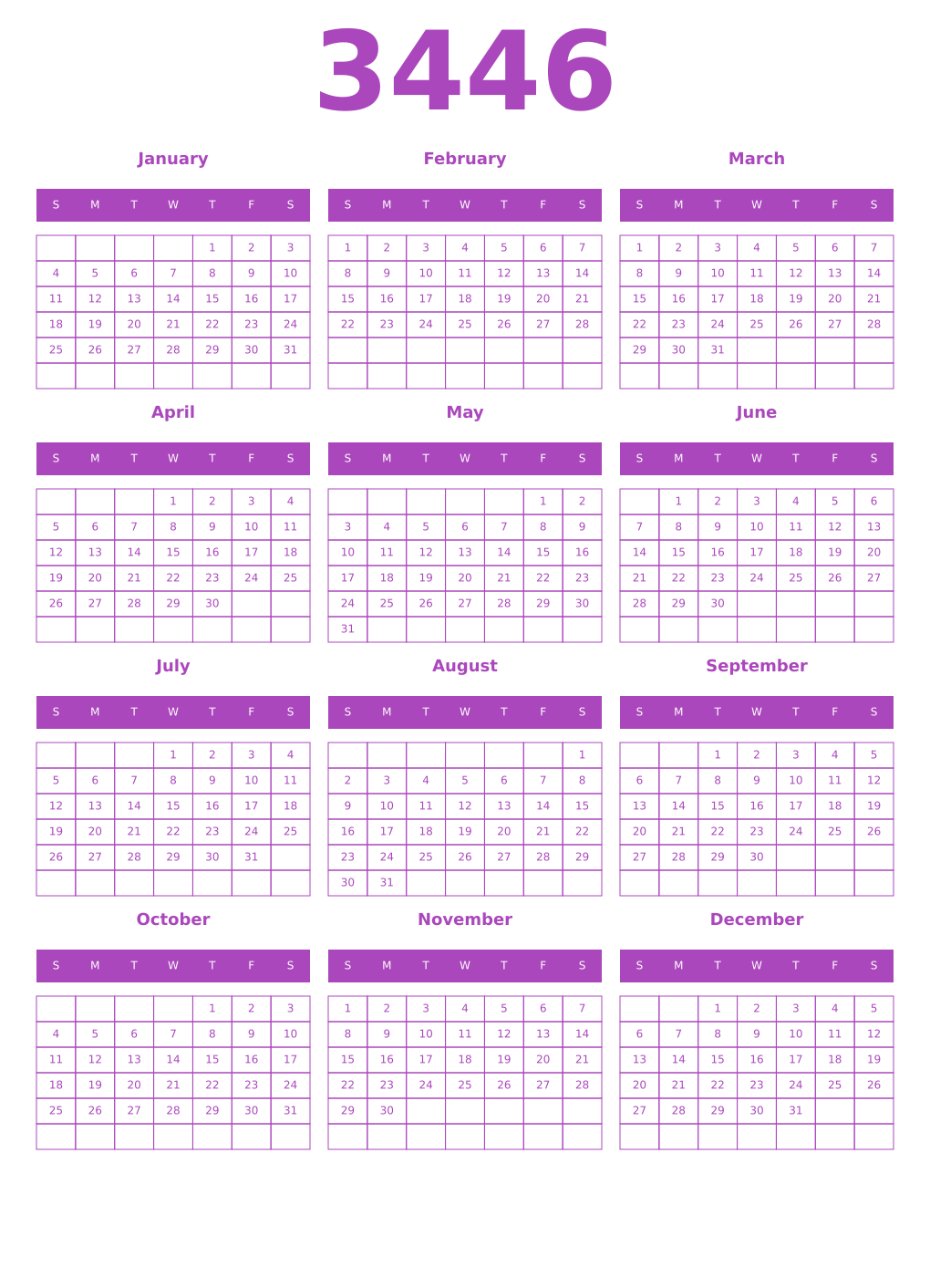 Printable 3446 Year Calendars purple