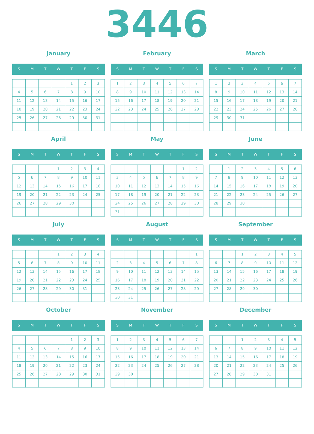 Printable 3446 Year Calendars verdigris