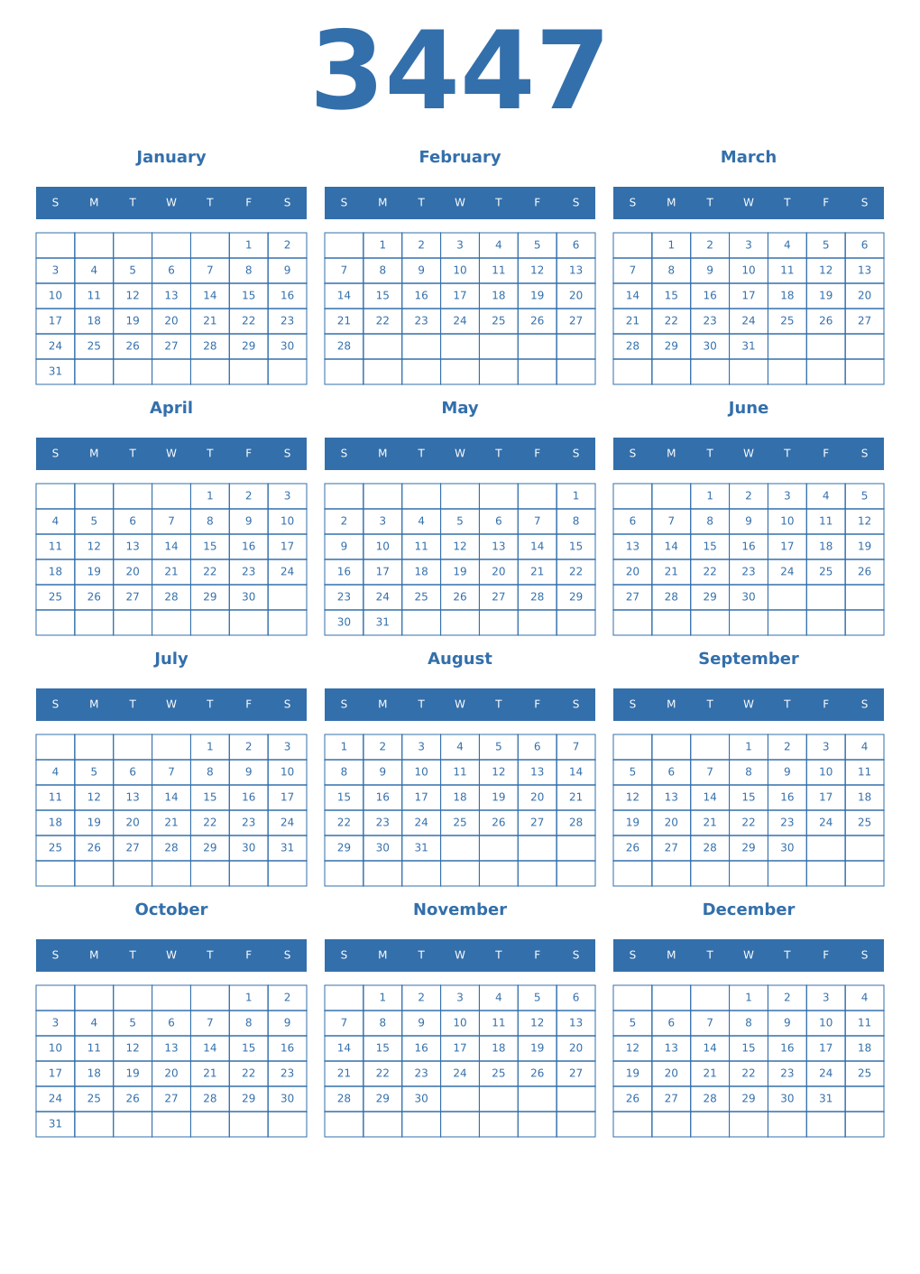 Printable 3447 Year Calendars blue
