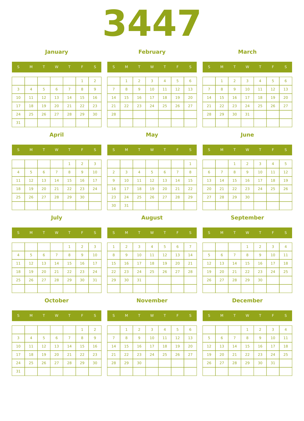 Printable 3447 Year Calendars chartreuse