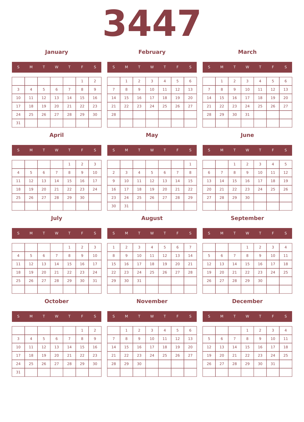 Printable 3447 Year Calendars cordovan