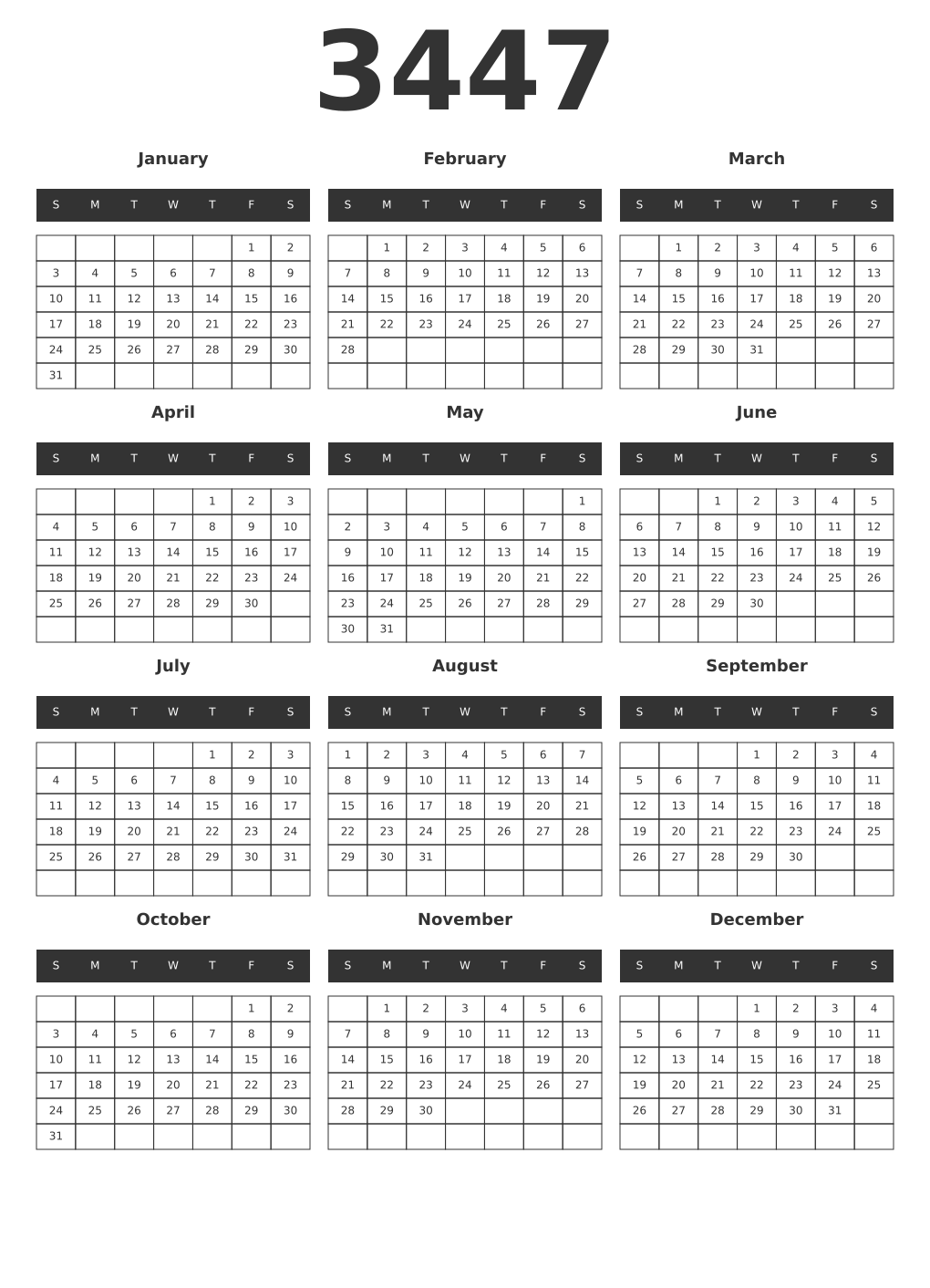 Printable 3447 Year Calendars dark