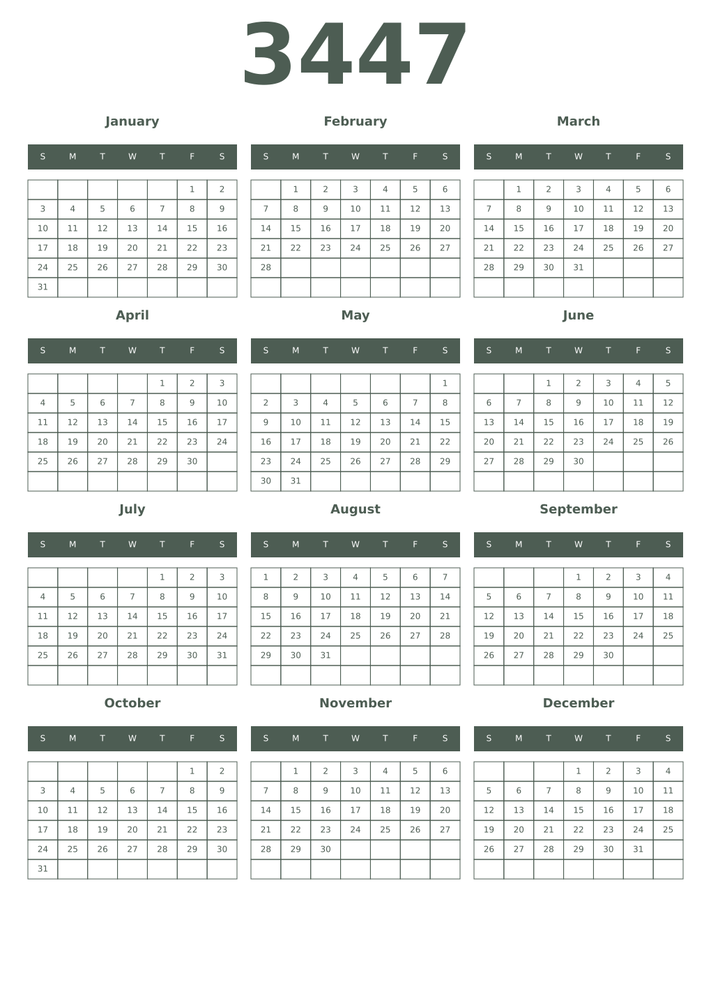 Printable 3447 Year Calendars feldgrau