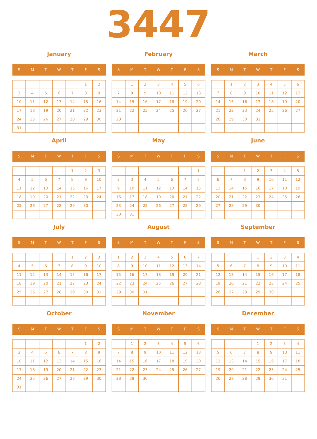 Printable 3447 Year Calendars orange