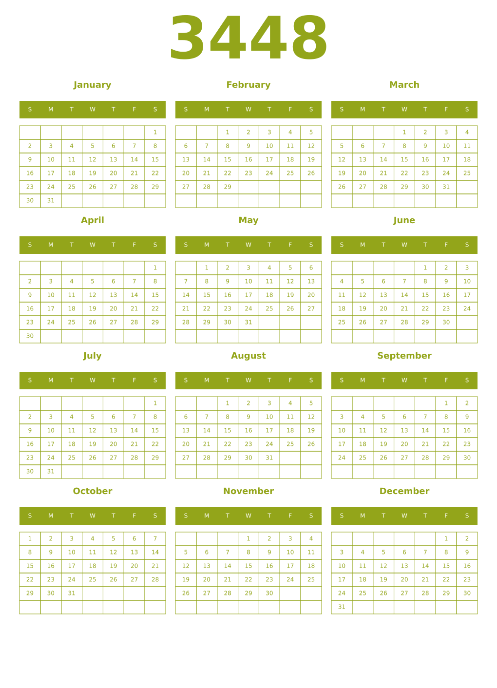 Printable 3448 Year Calendars chartreuse