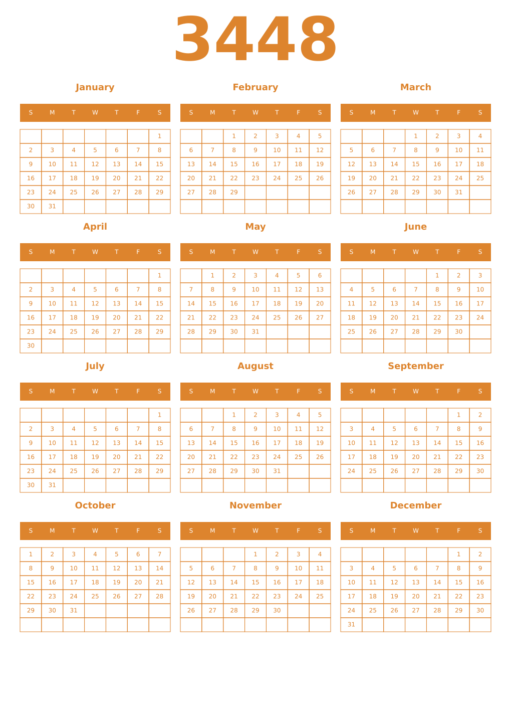 Printable 3448 Year Calendars orange