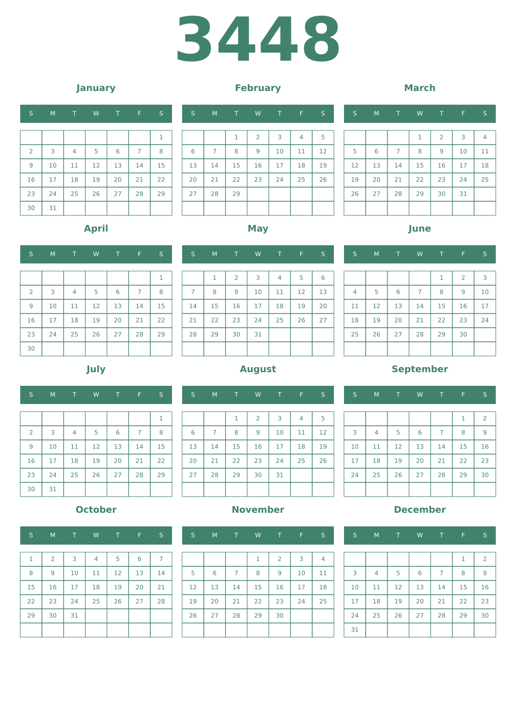 Printable 3448 Year Calendars viridian